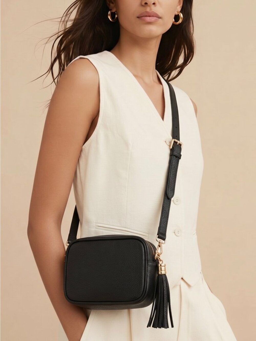 Borse in Pelle Italian Leather Crossbody Camera Bag Black Tassel Preppy